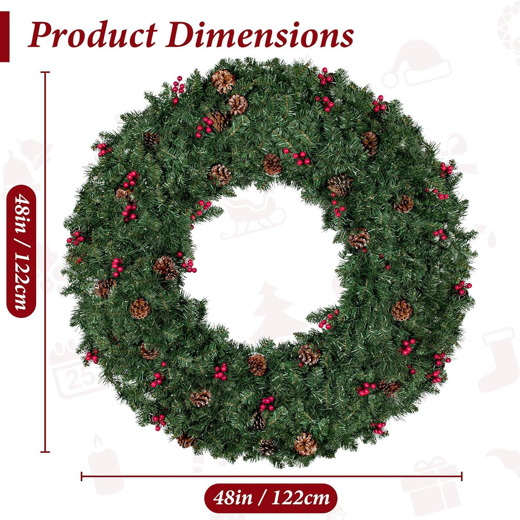 48in Large Artificial Pre-Lit Christmas Wreath, 240 LED Warm White Lights & 630 PVC Tips, Xmas Wreath Holiday Accent