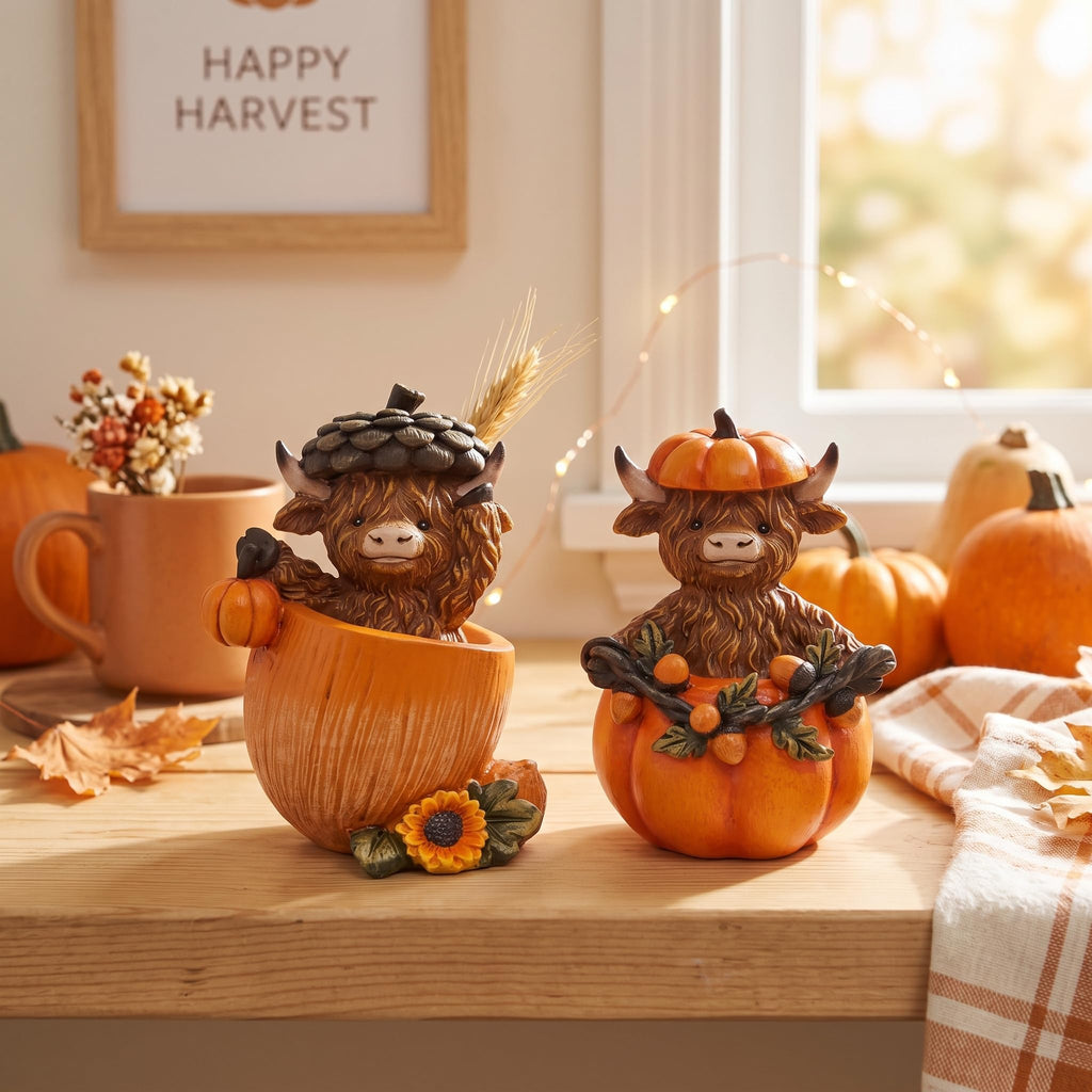 Fall Decorations, Highland Cow Pumpkins Statues Cute Figurines