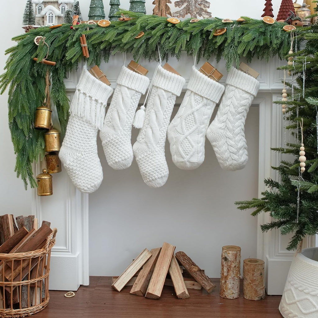 White Farmhouse Christmas Stockings - Rustic Boho Vintage Cable Knit Set, Includes 3 Small 15" and 2 Large 18" - Set of 5