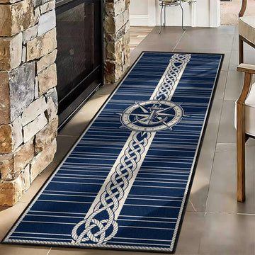 Nautical Anchor Compass Runner Rug Navy Blue Carpet