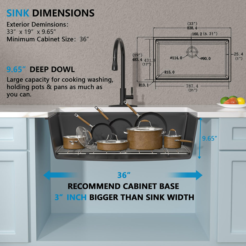 33"x19" Granite Composite - Undermount Ledge Workstation Matte Black Granite Quartz Classic Under Counter Single Bowl