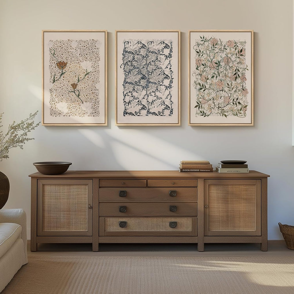 Framed Large William Morris Canvas Wall Art Set of 3, Vintage Nature Floral Artwork Prints, Boho Neutral Botanical