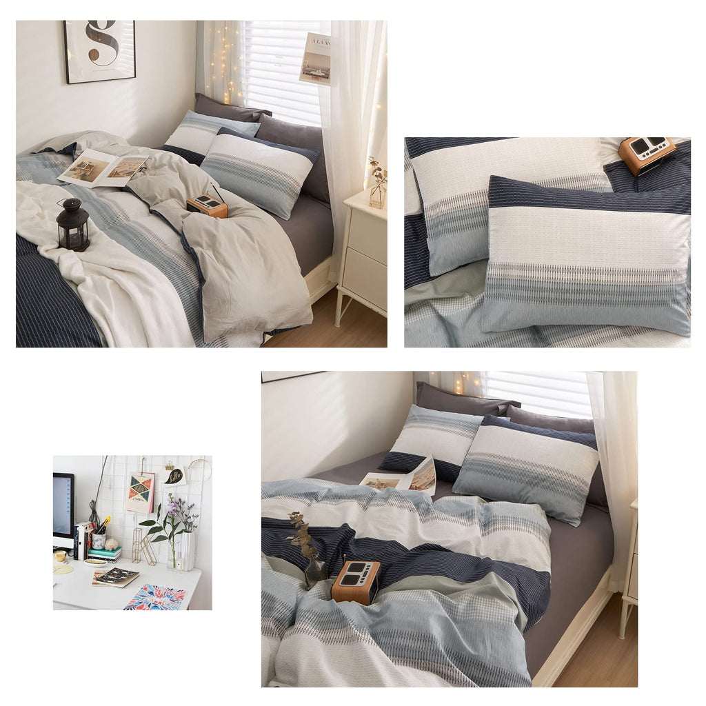 Cotton Stripe Duvet Cover Full Size Gray Blue White Stripe Comforter Cover Modern Style Geometric Stripe Bedding Set