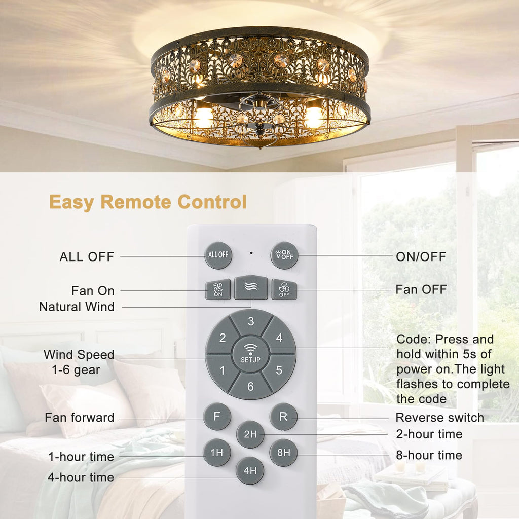 20" Caged Ceiling Fans with Lights, Low Profile Crystal Fandelier