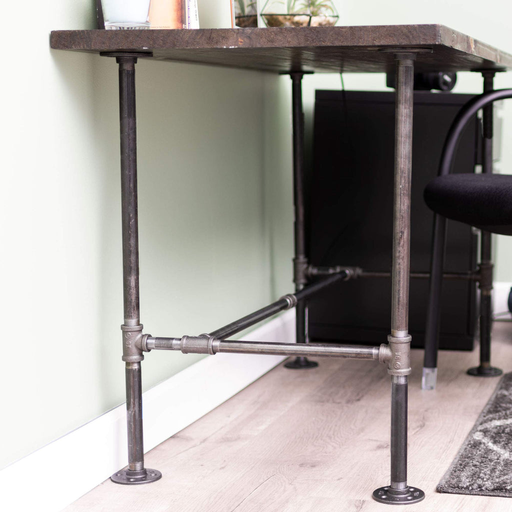 Industrial Pipe Desk Leg Set, Modern Home Office Table Writing or Computer Base Kit, Dark Grey Black Rough Pipes