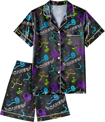 Boys Pajamas Boys Satin Pajamas Set Summer Short Sleeve Button-Down & Shorts Pjs Kids Boy Silky Pajama