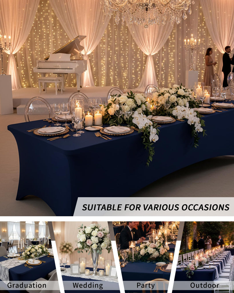 2 Pack 8FT Navy Blue Tablecloth Rectangle Spandex Table Cover