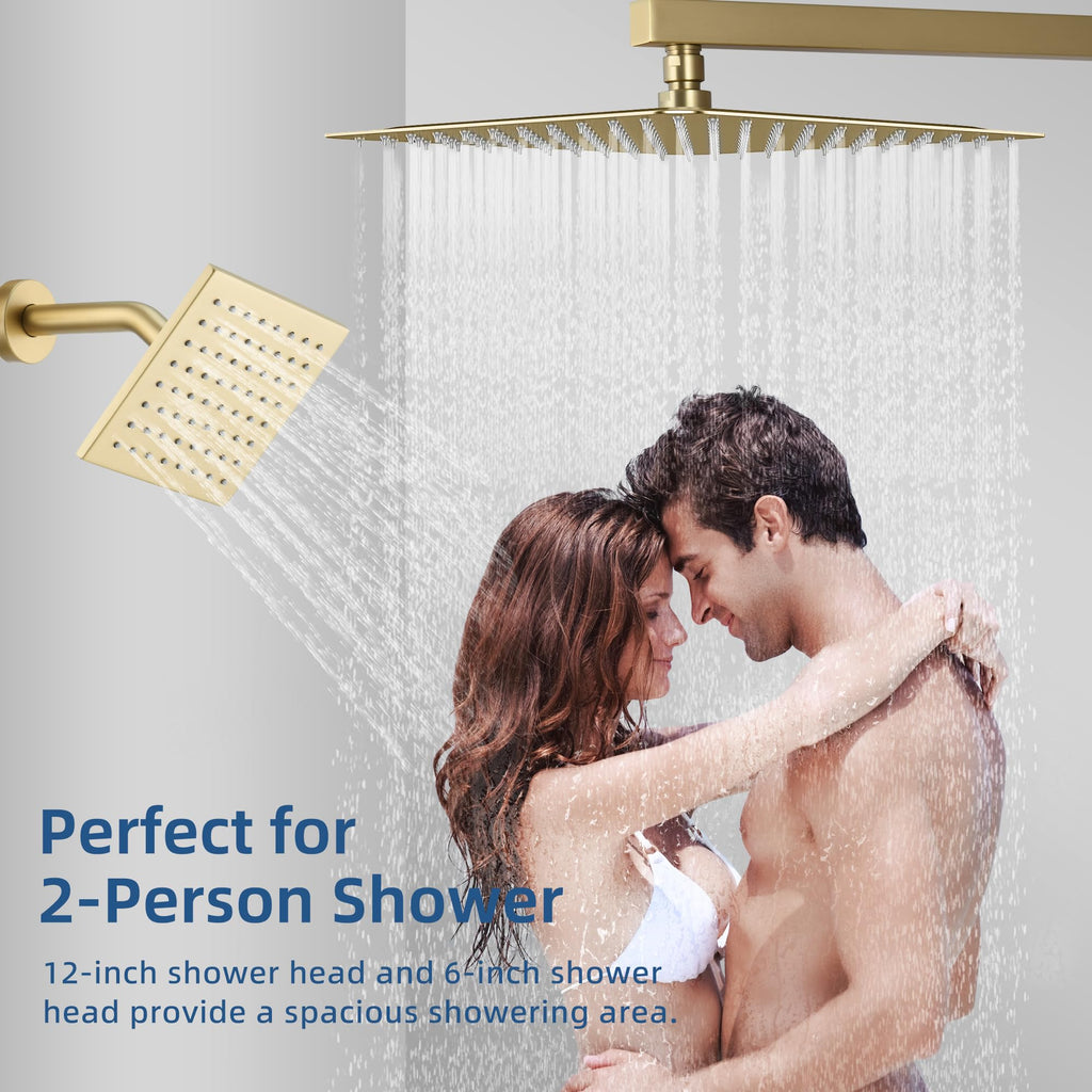 Thermostatic Dual Rainfall Shower System Brushed Gold Shower Fixtures