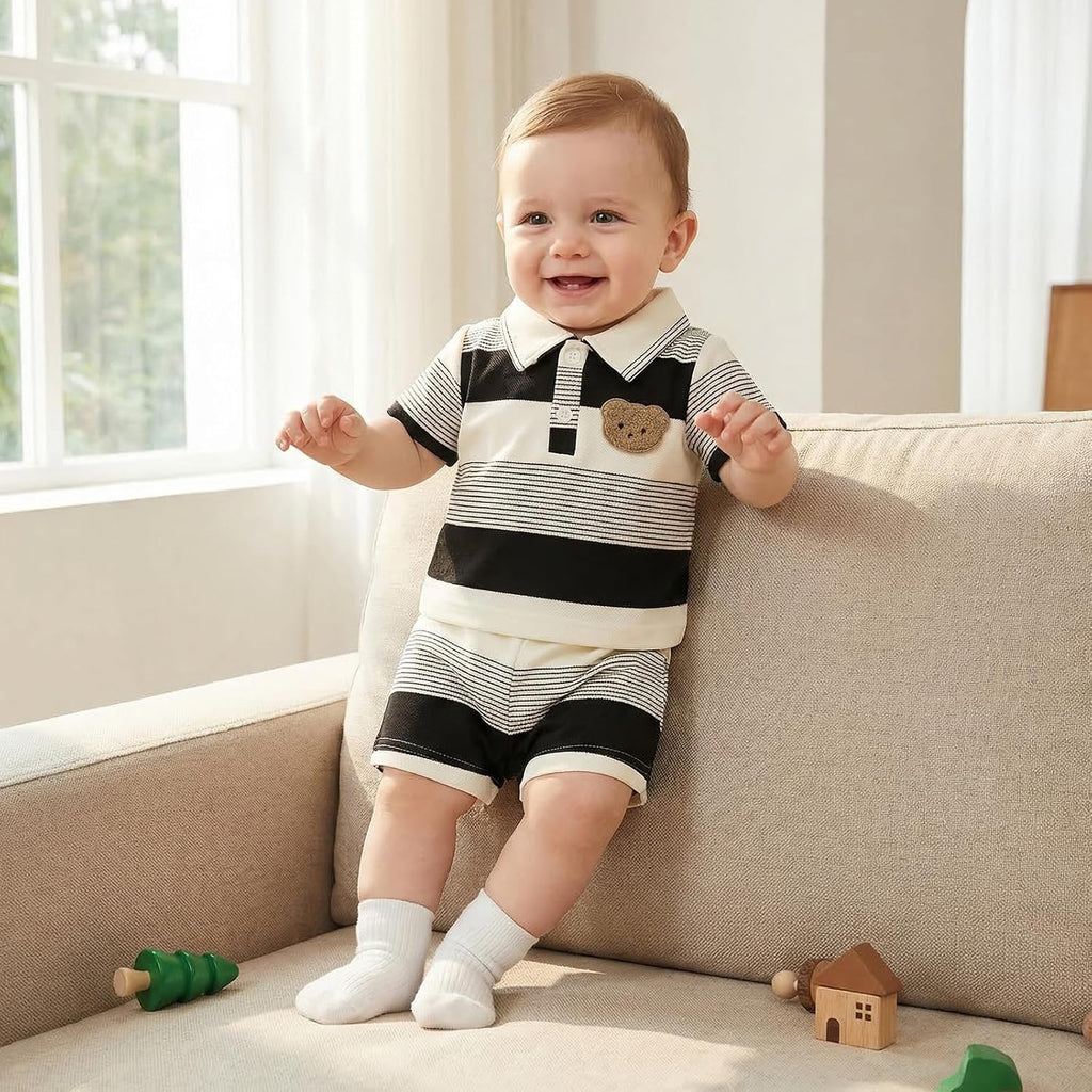 Toddler Baby Boy Summer 2 Piece Bear Outfits Color Block Striped Short Sleeve Button Collared Shirt Shorts Set