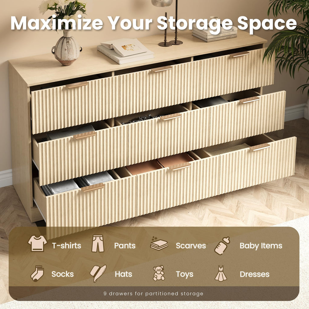 9 Drawer Fluted Dresser, Modern Wooden Chest of Drawers, Wide Storage Cabinet with Smooth Silent Slides, Anti-Tip