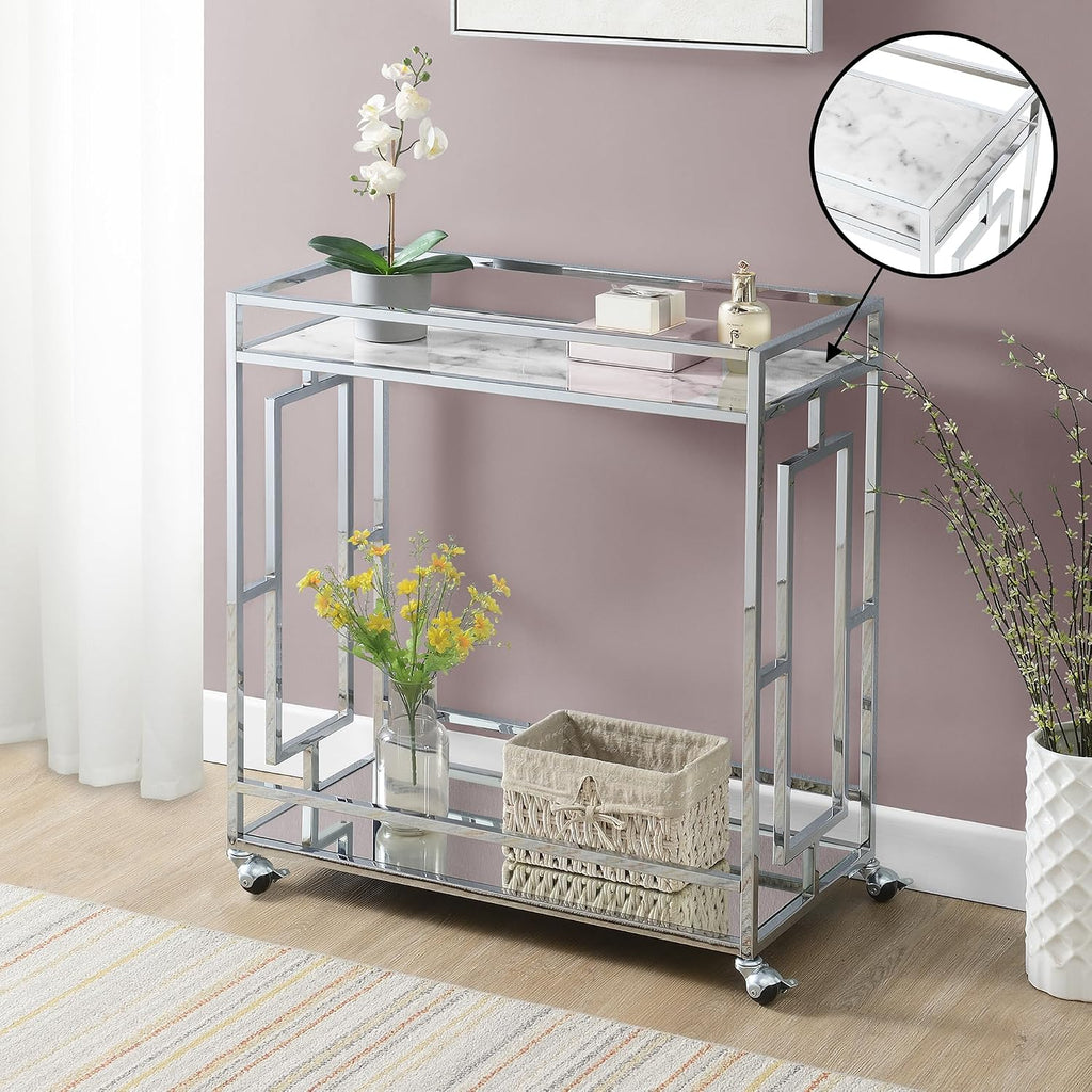 Town Square Chrome Faux Marble Mirrored Bar Cart 29.25" - Modern 360-Degree Swivel Serving Cart with Storage Shelf