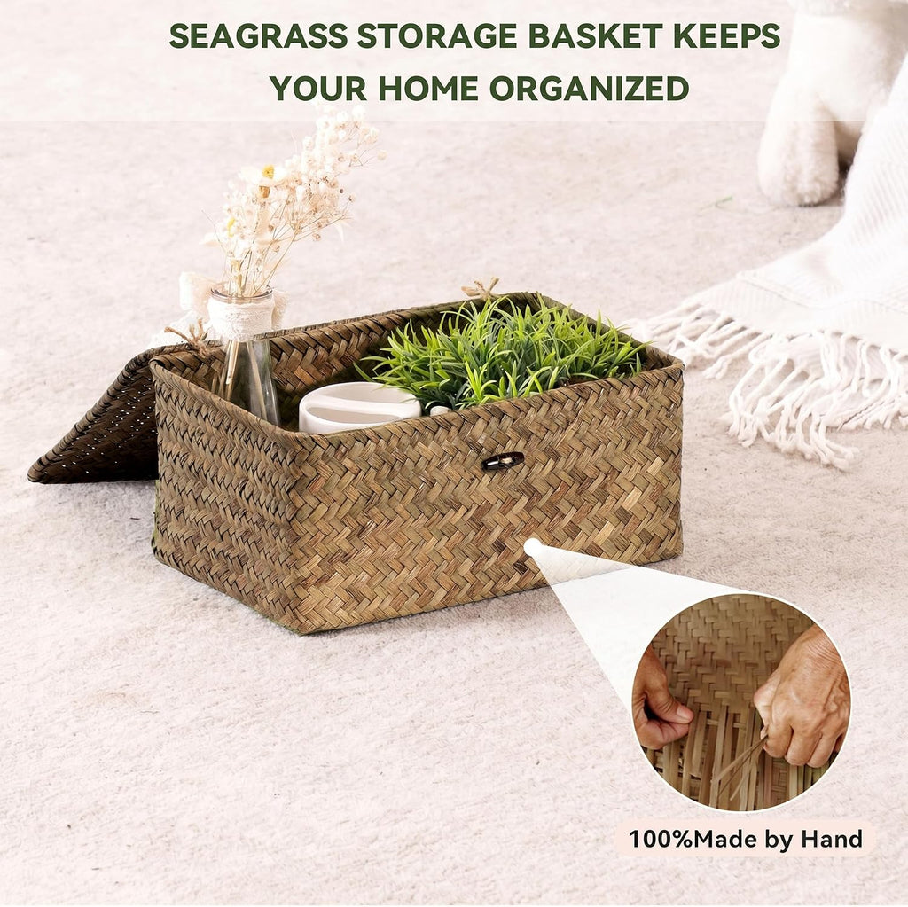 Seagrass Storage Baskets with Lid Set of 3,Wicker Basket Storage Bin for Shelves,Rectangular,Boho Decor,Handwoven