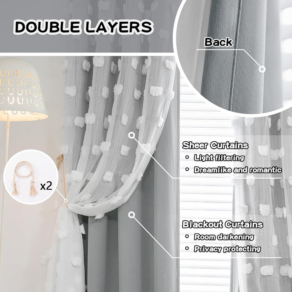 Living Room Curtains, 84 Inch Long Grey Blackout Curtains with Pom Pom Trim, Double Layer Sheer Drapes for Kids Room