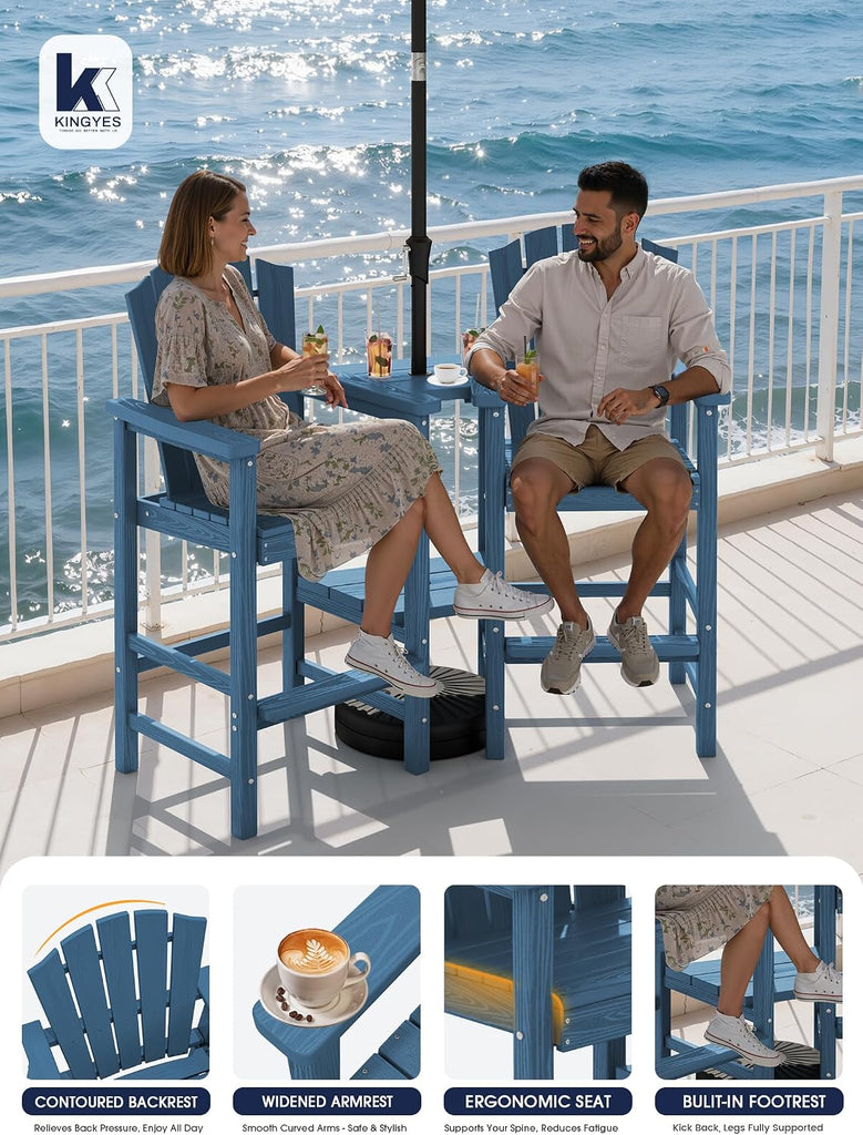 Tall Adirondack Chair Set of 2 with Double Connecting Trays, Blue | All-Weather HDPE Outdoor Adirondack Barstools