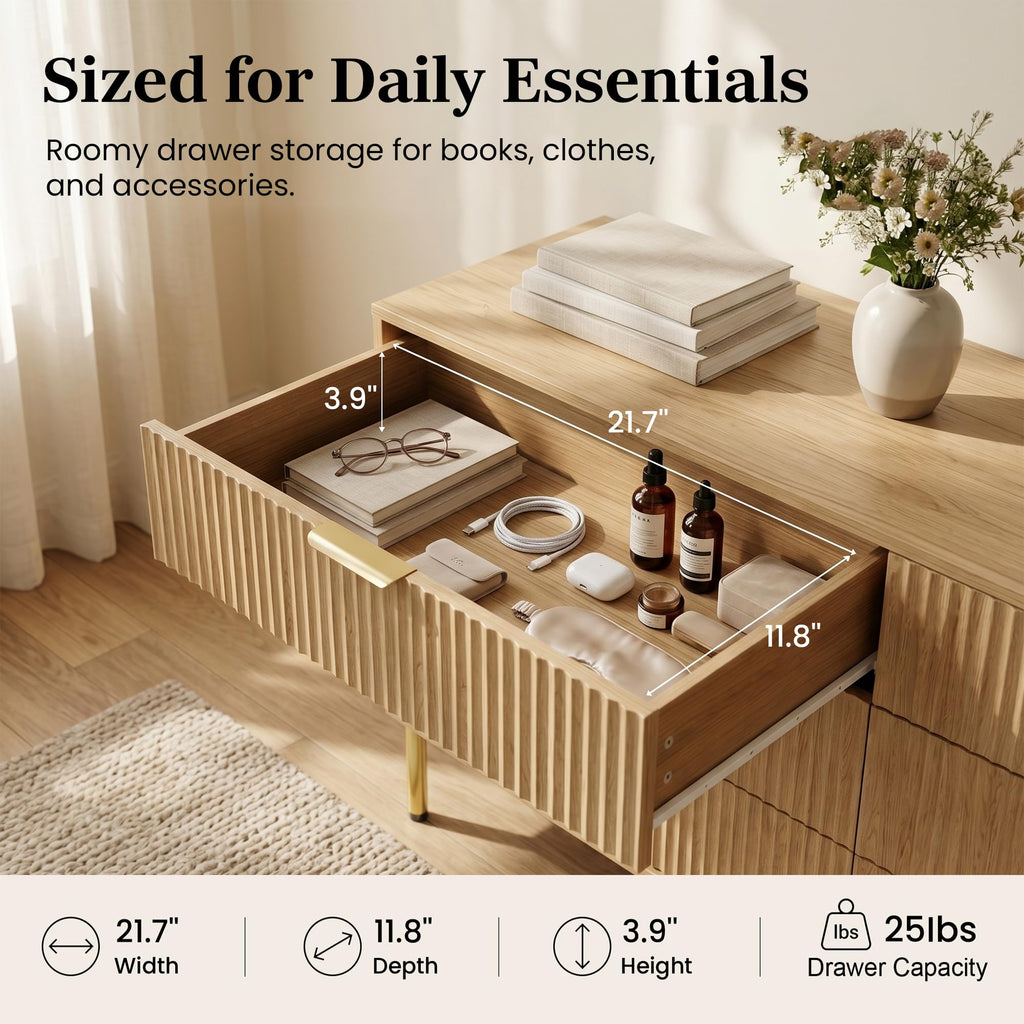 Natural Oak 3-Piece Fluted Dresser and Nightstand Set