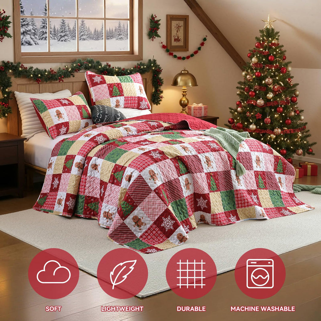 Christmas Quilt Queen Size, Gingerbread Christmas Patchwork Bedding