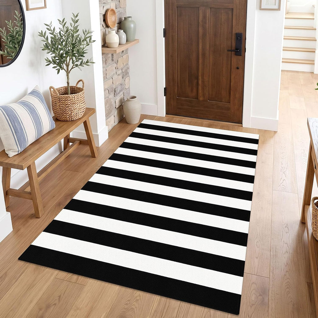 Black and White Striped Rug Woven Washable Front Door Rug