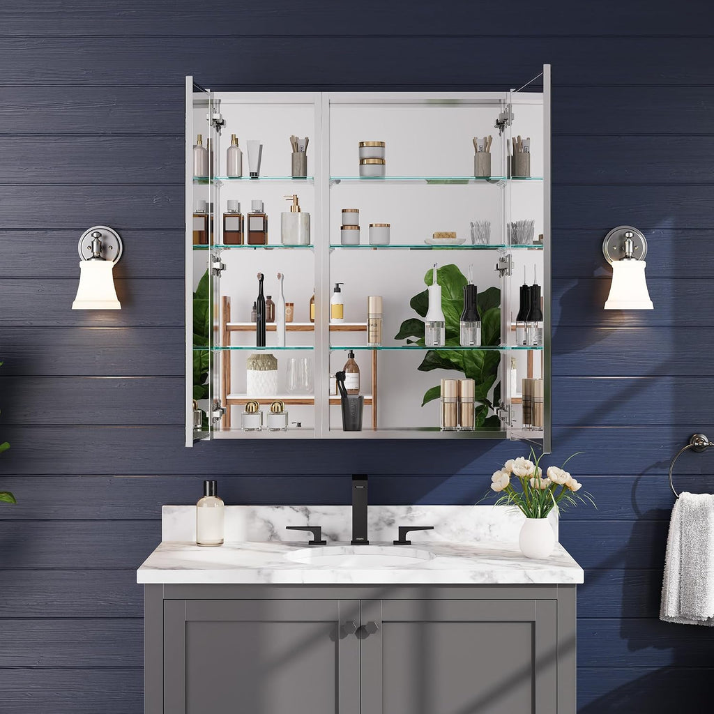 32" x 36" Medicine Cabinet with Mirror, Bathroom Mirror Cabinet | Anodized Chrome Aluminum Frame, Adjustable Shelves