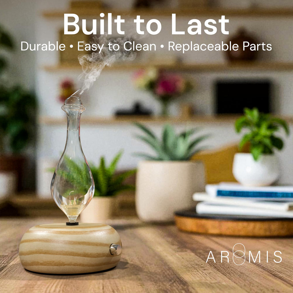 Premium Glass Essential Oils Nebulizer - Waterless Diffuser for Aromatherapy - Handmade Oil Diffuser, Wooden Base, No