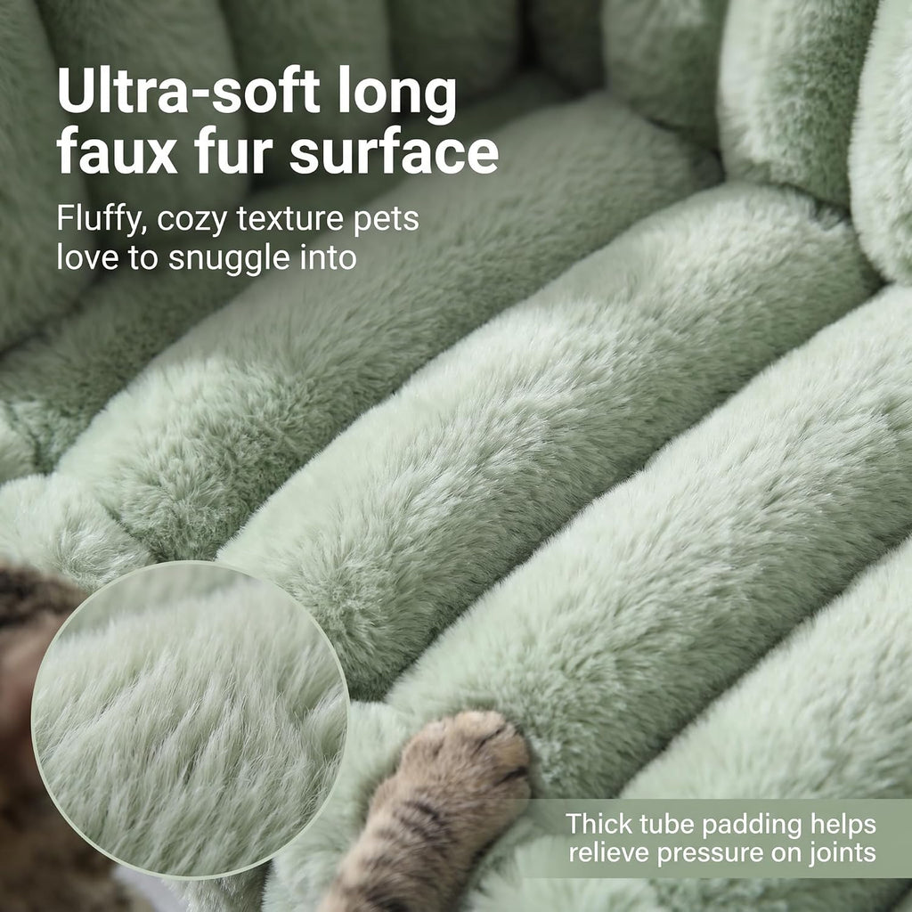 Fluffy Pet Couch Bed for Cats & Small Dogs, 3-Sided Bolster Calming Dog Sofa with Ultra-Soft Long Faux Fur, Removable