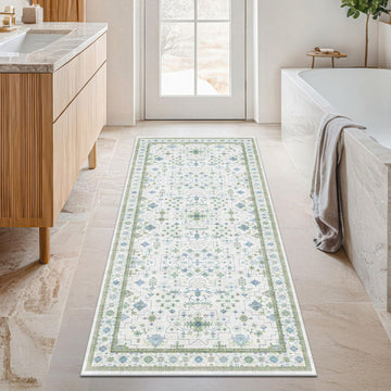Washable Oushak Bathroom Runner Rug 2x5 - Eclectic Boho Floral Pastel, Non Slip Low Pile Stain Resistant Small Throw