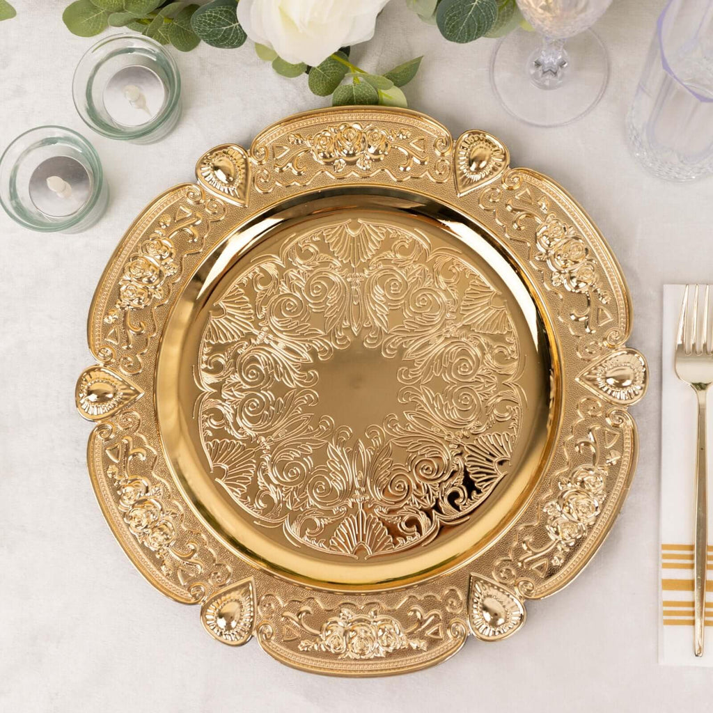 13" Gold Floral Embossed Charger Plates, Round Scalloped Rim Underplates for Spring Weddings and Garden Parties