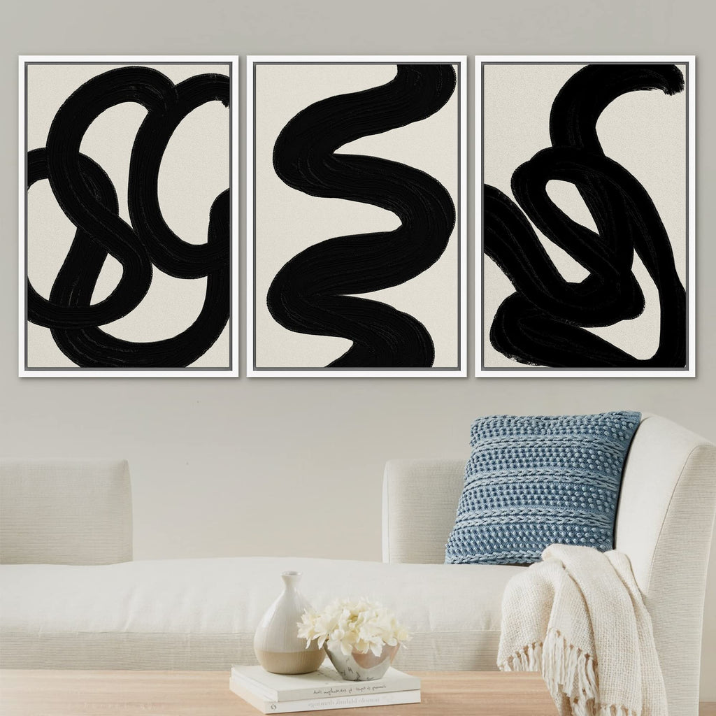 Framed Canvas Print Wall Art Set Duotone Minimal Dark Brush Stroke Landscape Abstract Shapes Illustrations Boho