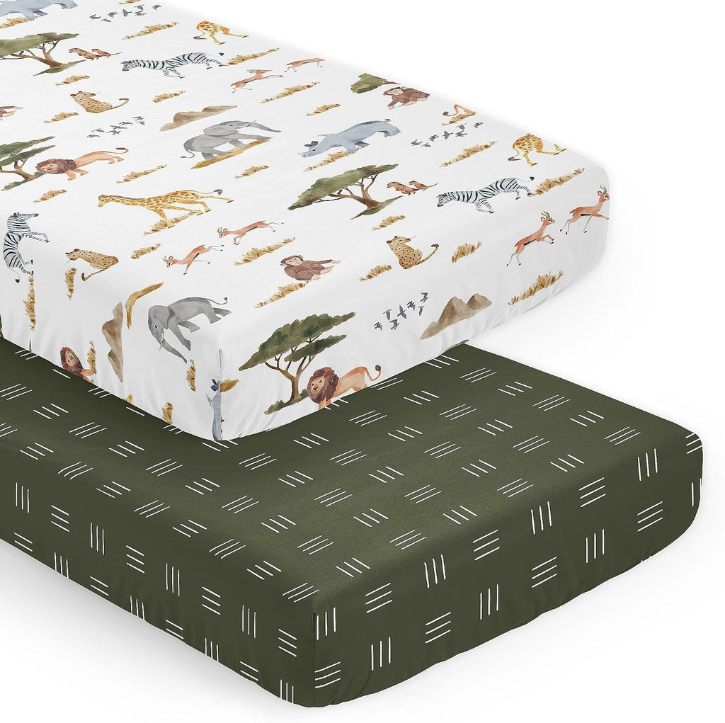 2-Piece Baby Crib Sheets Set (Jungle Safari Animals) for Boys or Girls, Infant Nursery, Toddler Room - Standard Size