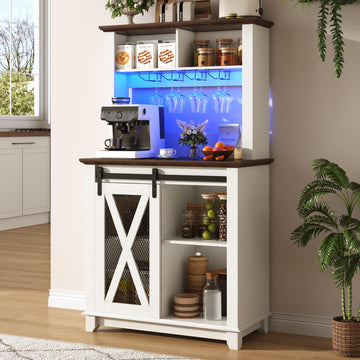31.5"Wide Farmhouse Coffee Bar Cabinet with LED Light, Wine Bar Cabinet w/2 Storage Hutch, Kitchen Buffet Cabinet