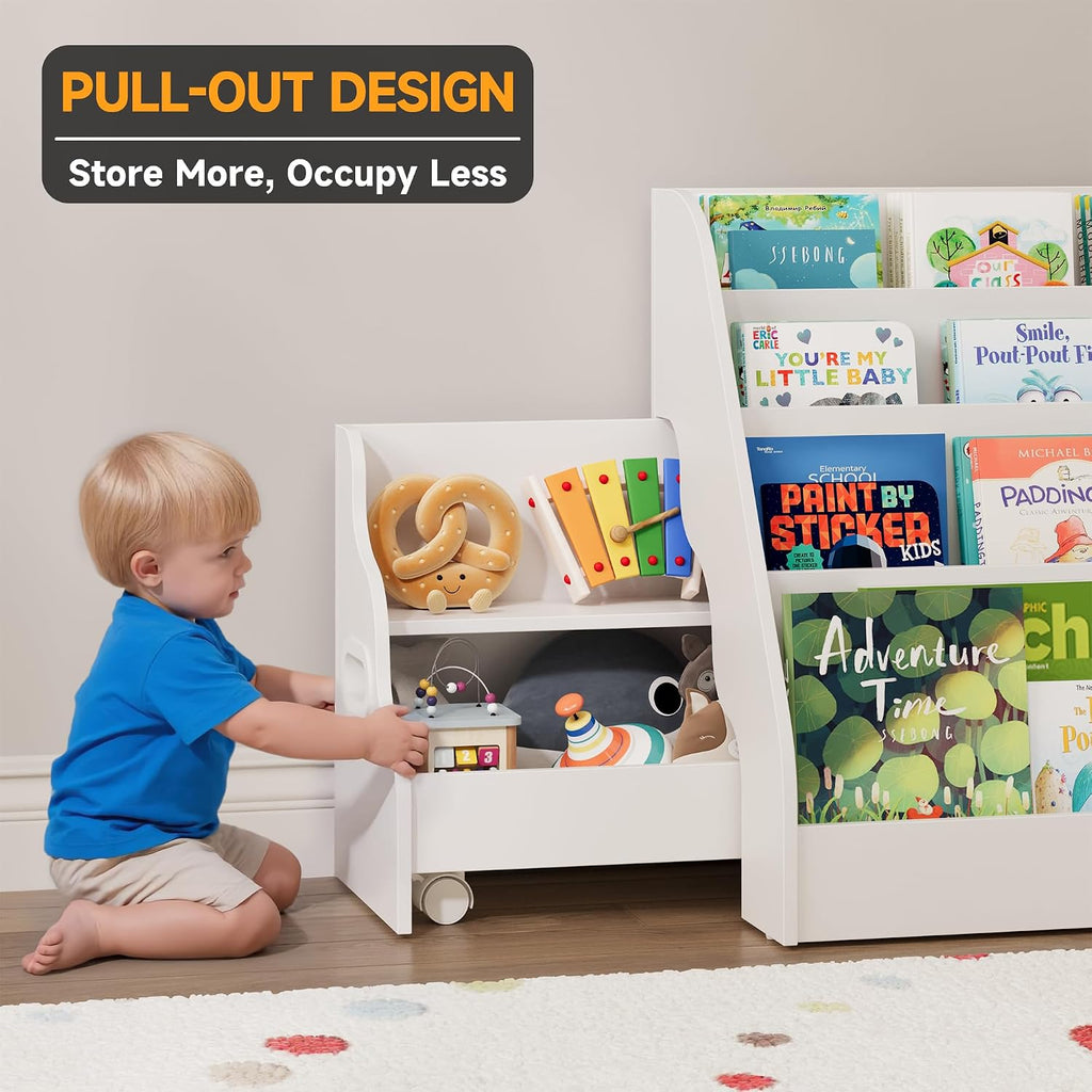 2-in-1 Montessori Kids Bookshelf - Toddler Nursery 4 Tier Wooden Shelf | Display Book Shelf for Kids Rooms, Children