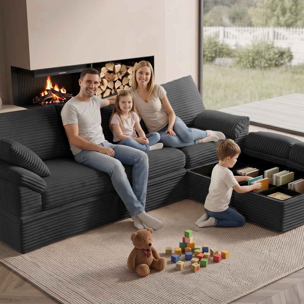 107" Boneless Couch with Storage, 48.6" Extra Deep-High Seat Modular Sectional Sofa with Ottoman, 3 Seater U Shaped