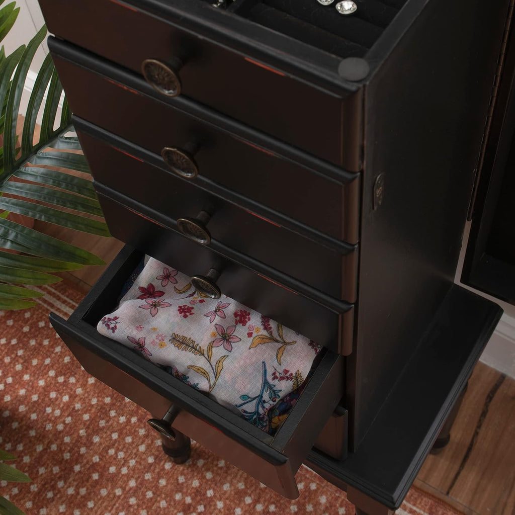 Ebony Jewelry Armoire, Distressed Ebony Black; Black Lining