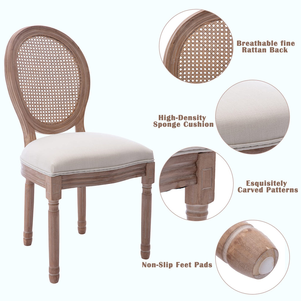French Country Dining Chairs Set of 4, Farmhouse Fabric Chairs with Round Back, Rattan Dining Chair, Oval Side Chairs