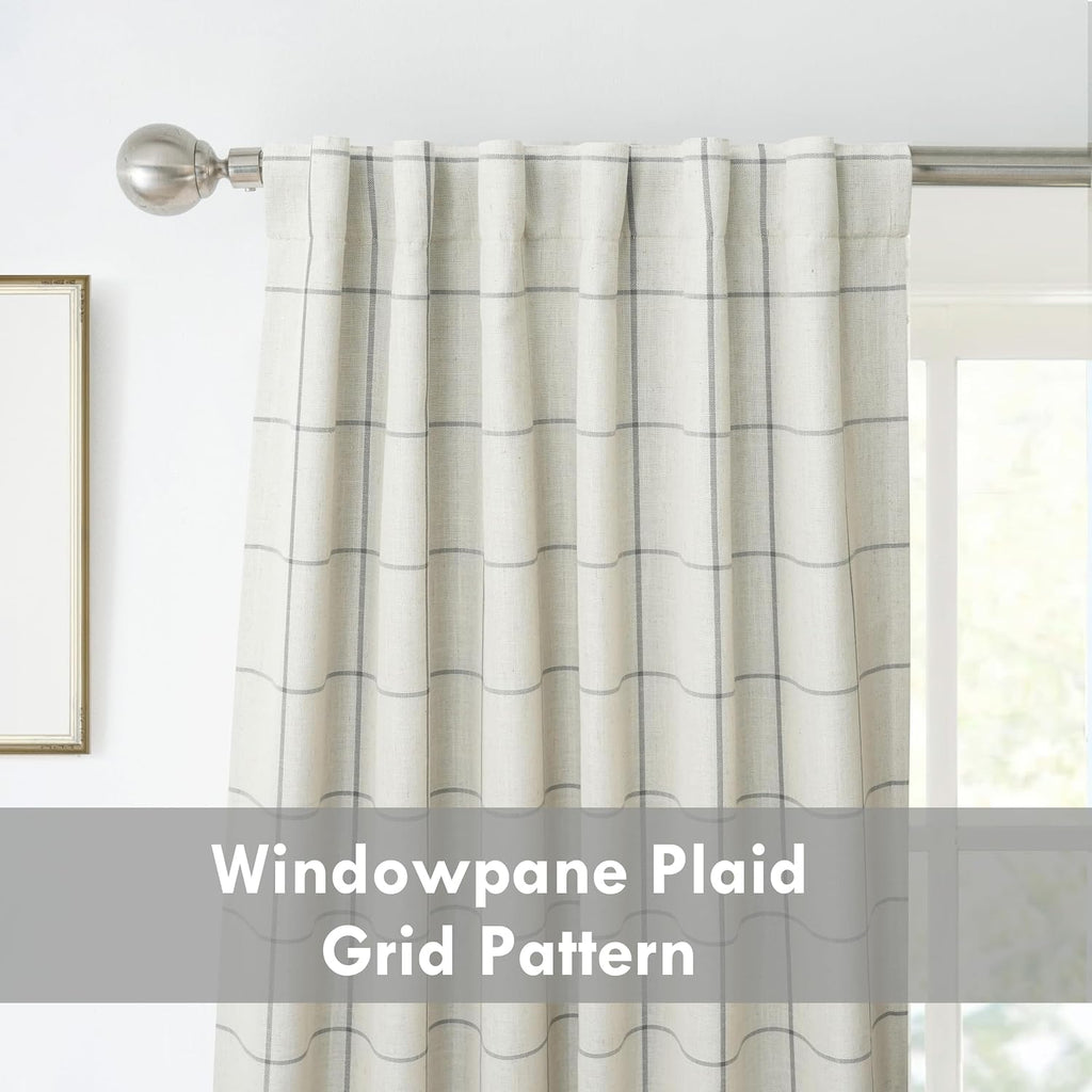 100% Blackout Windowpane Plaid Linen Curtains Double Layer Farmhouse Drapes 96 Inches Long for Living Room Bedroom