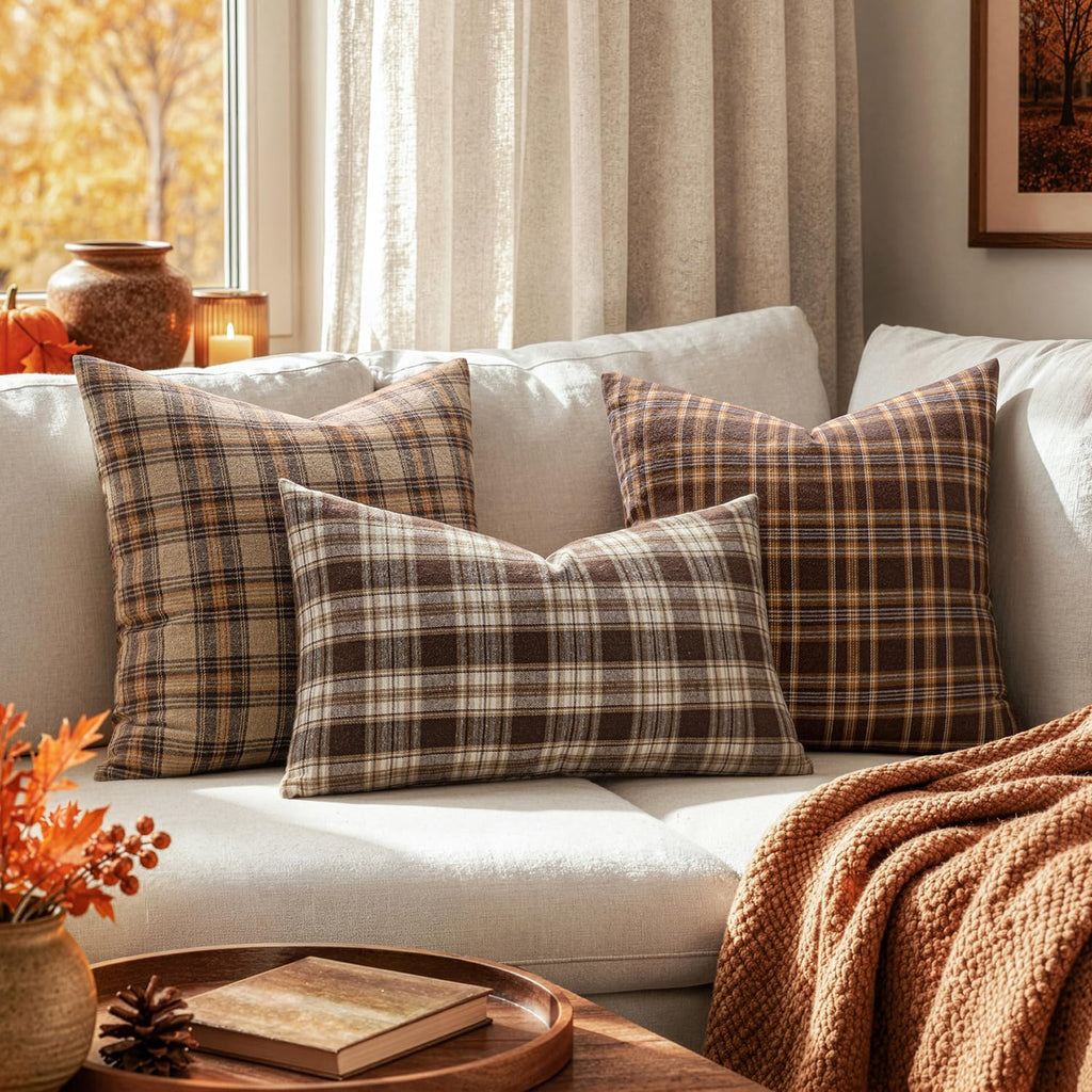 Fall Plaid Pillow Covers Scottish Tartan 20x20 Dark Brown