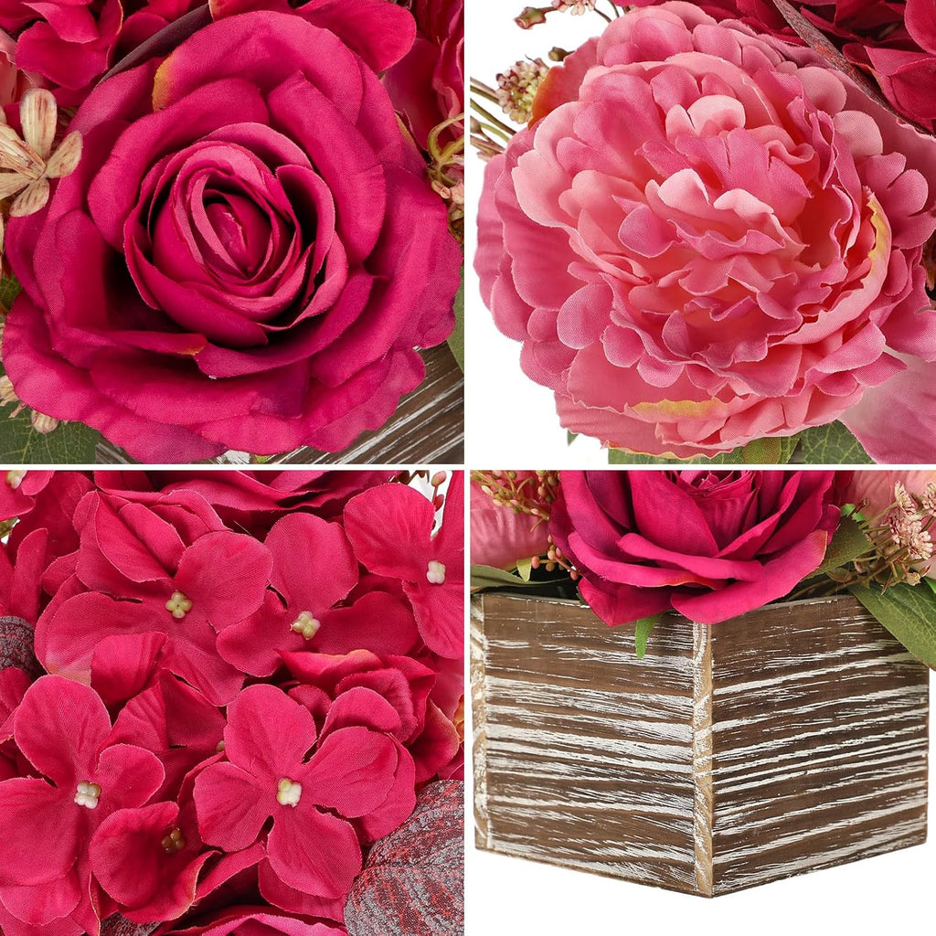Flower Arrangement with Wooden Vase 8" Artificial Flowers in Pot - Fake Flowers Roses Peonies Hydrangeas in Wooden