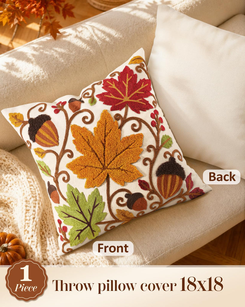 Fall Embroidered Throw Pillow Cover 18x18 Inch, Maple Acorn