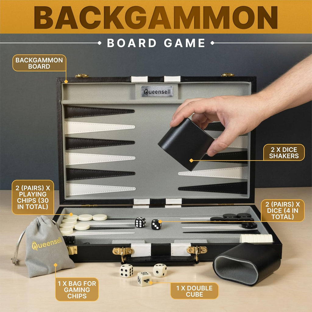 Large Black Backgammon Sets for Adults - Classic Board Games for 2 Players Adults and Kids - Premium Backgammon Set