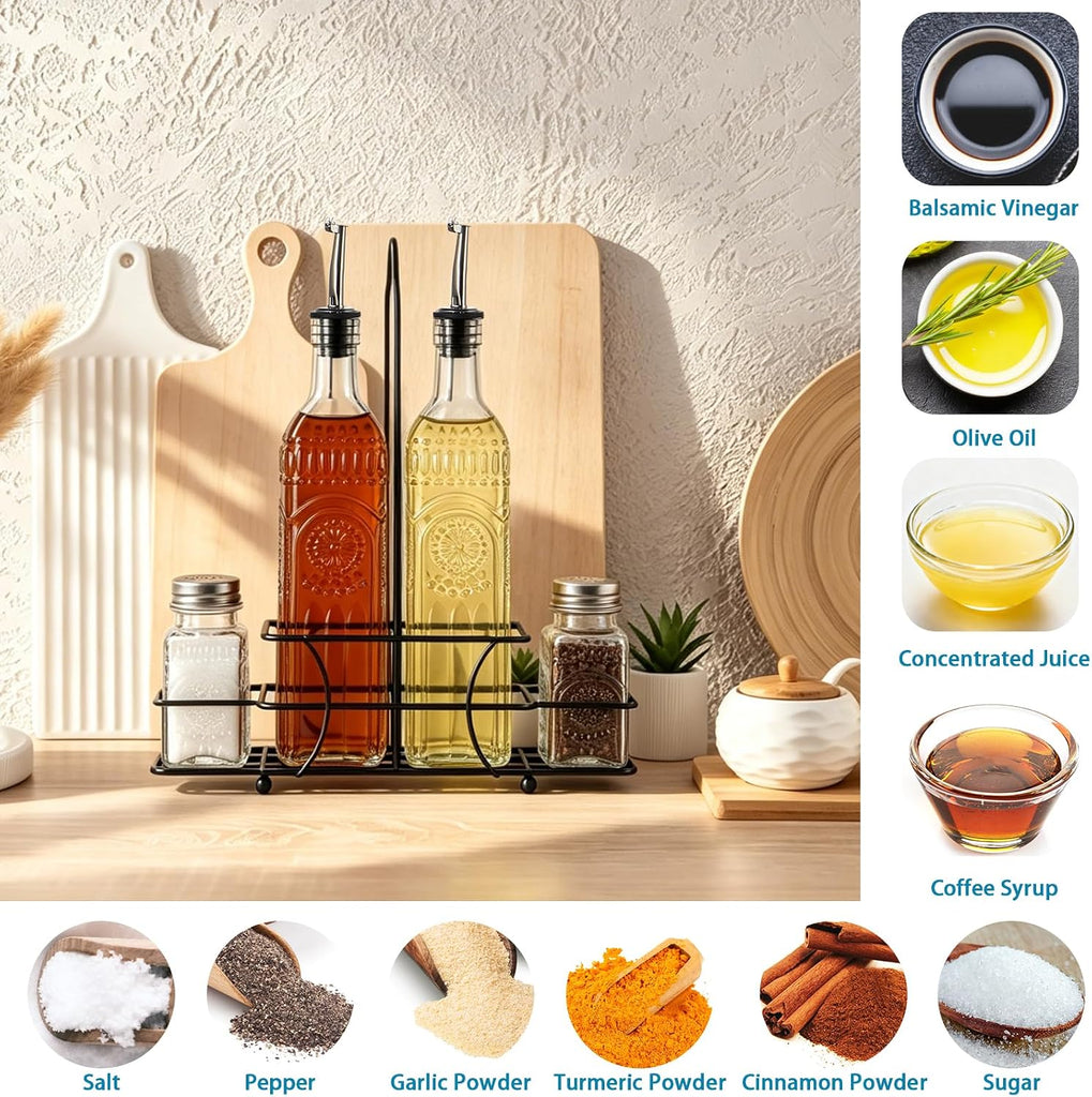 Glass Oil and Vinegar Cruet Set, Salt & Pepper Shakers with Holder - Set of 4