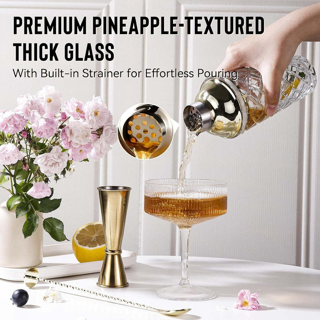 Glass Cocktail Shaker Set with Built-in Strainer - 16oz Thickened Pineapple Glass Gold Shaker Set, Gold Jigger & Bar - Set of 3