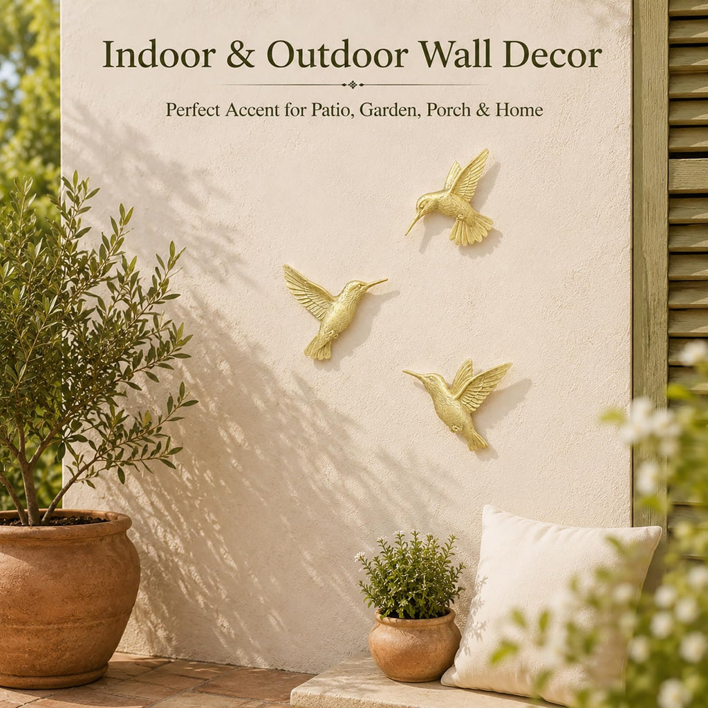 3D Hummingbird Wall Decor Set - Gold Resin Bird Wall Decor and Gallery Walls - Champagne Gold - Set of 3