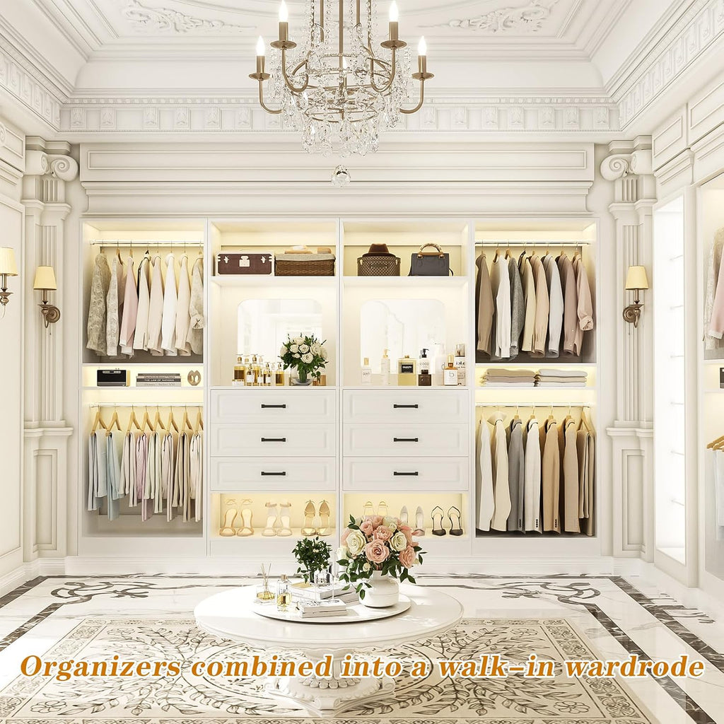 100" Wood Closet System with Drawers and Mirror, White | Large walk in wardrobe organizer with hanging rods and