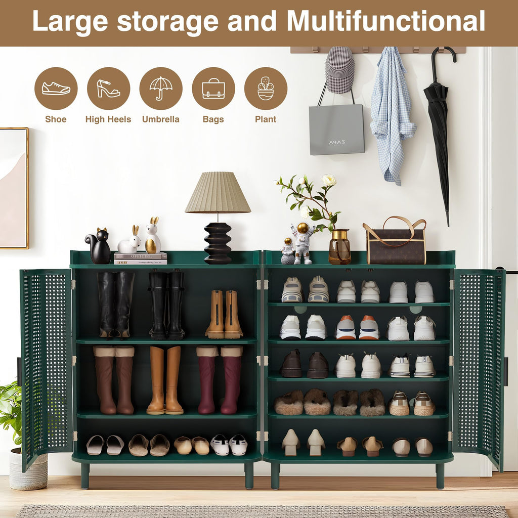 Shoe Cabinet, 5 Tier Boho Wooden Shoe Storage Organizer Cabinet with Adjustable Shelves, Shoes Rack with Iron Rattan