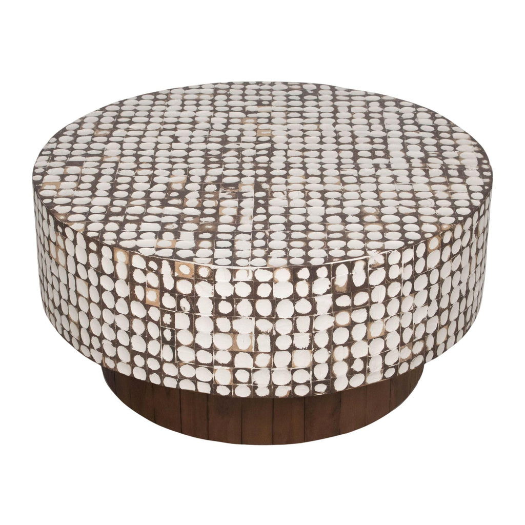 Mila White Round Coffee Table, Boho Coastal Pedestal