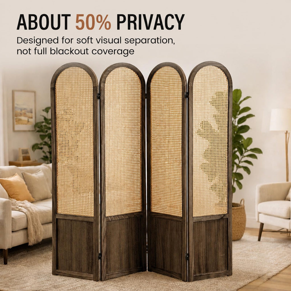 4 Panel Rattan Room Divider Screen, Boho Folding Privacy Screen