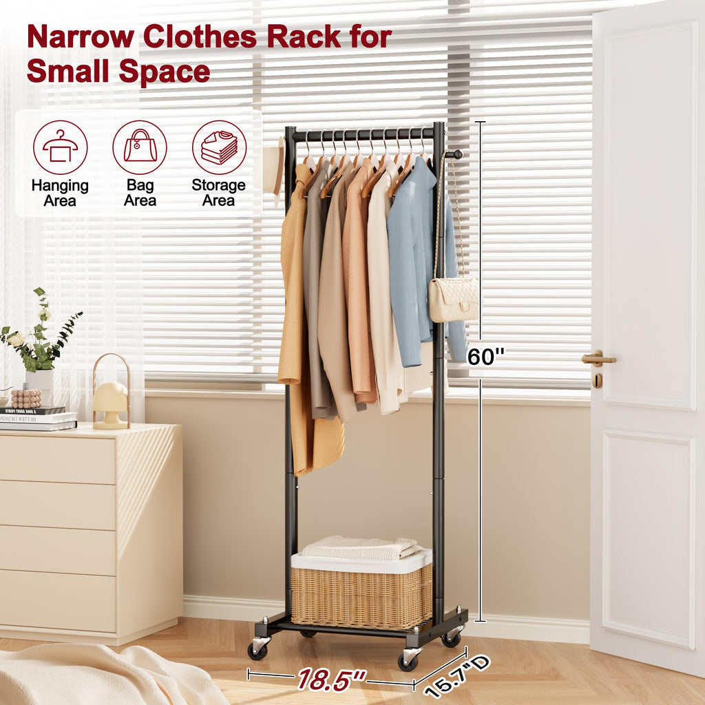 Small Clothes Racks for Hanging Clothes, Rolling Clothing Rack with Shelves, 60" Metal Garment Rack with Wheels