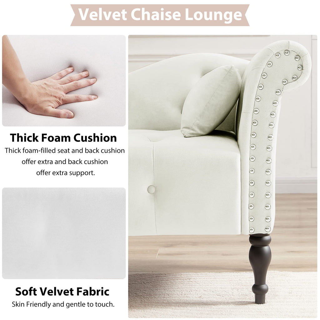60" Chaise Lounge Indoor Velvet Button Tufted with Pillow, Nailhead Decorate Rolled Arm Chaise Lounge Living Room