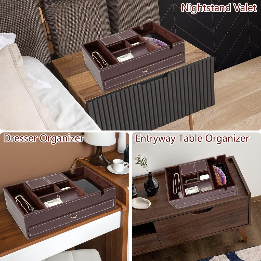 Valet Tray for Men, 2 Layers Nightstand Organizers for Men and Women, Leather Jewelry Storage Box, Mens Dresser Top