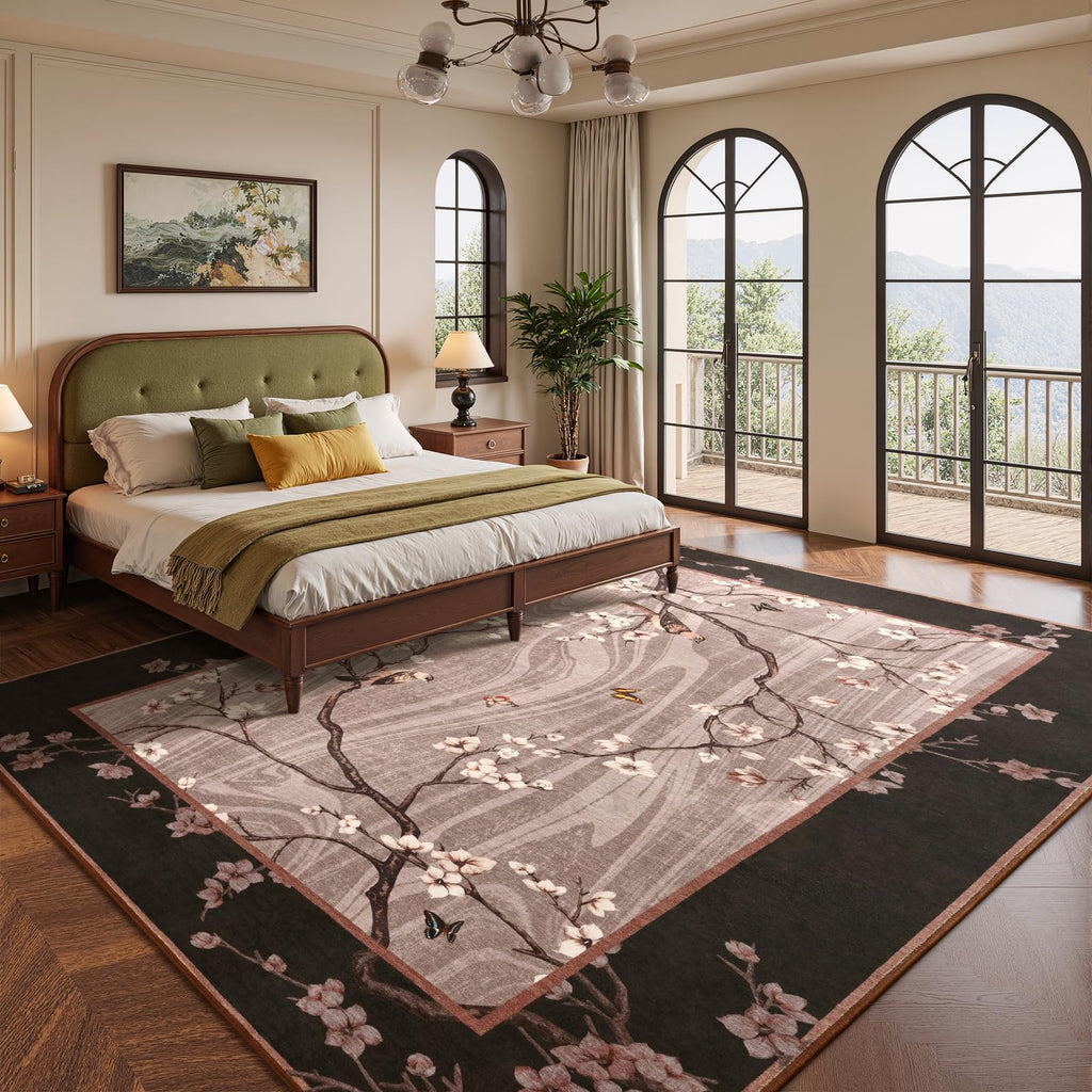 Brown Oriental Flower Bird Butterfly Print Floor Rug