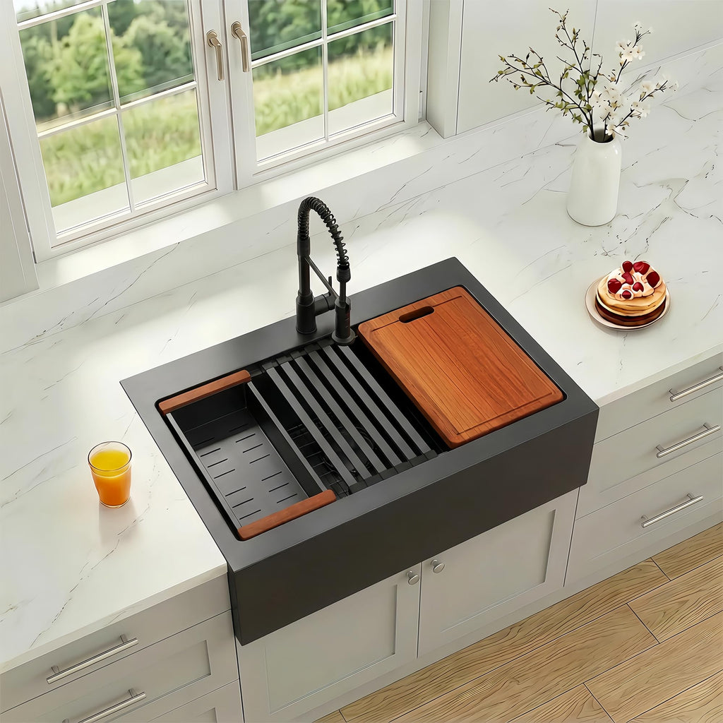 33 Inch Black Farmhouse Sink, 16 Gauge Drop-In Apron Front Sink